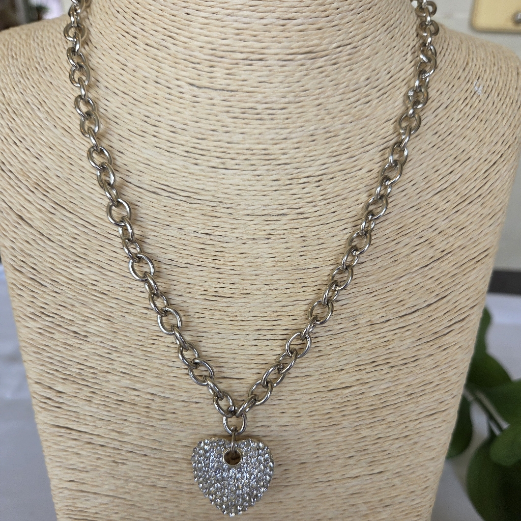 Rhinestone Heart Pendant Silver Chain Necklace - Womens Classic Jewelry